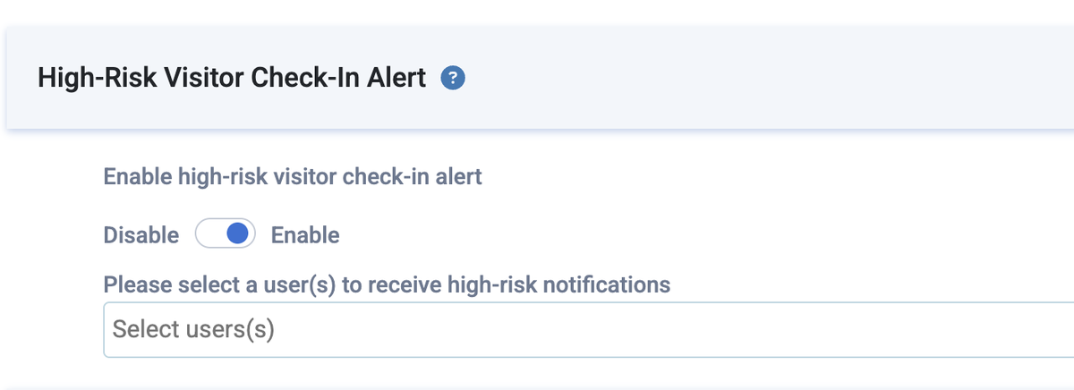 The High-Risk Visitor Check-In Alert setting on the Options tab, with the toggle set to Enable and an empty Select users(s) box below it.